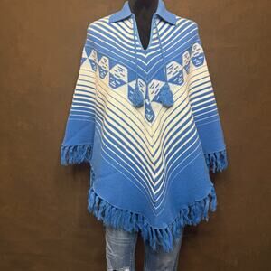 Vintage Blue & White Knit Poncho Sweater Fringe Tassel Boho Cape One Size